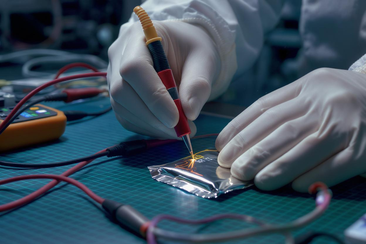 the engineer is using a multimeter to test lipo battery