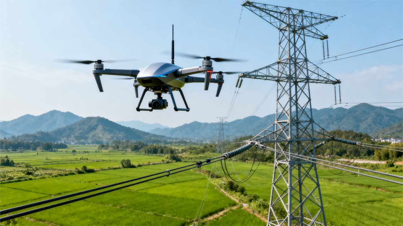 an inspection drone is checking power lines