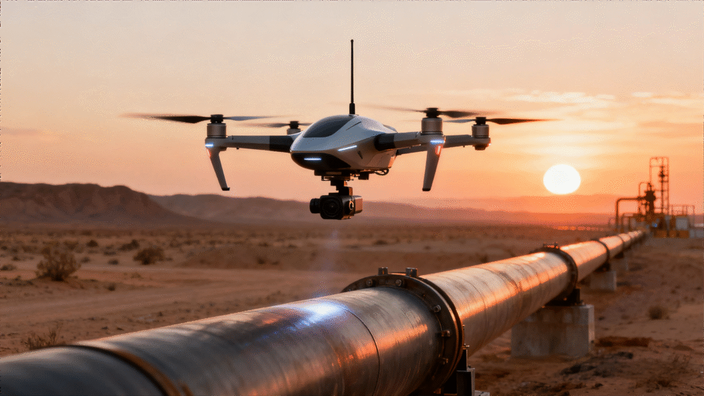 an inspection drone is conducting an inspection of oil pipelines.