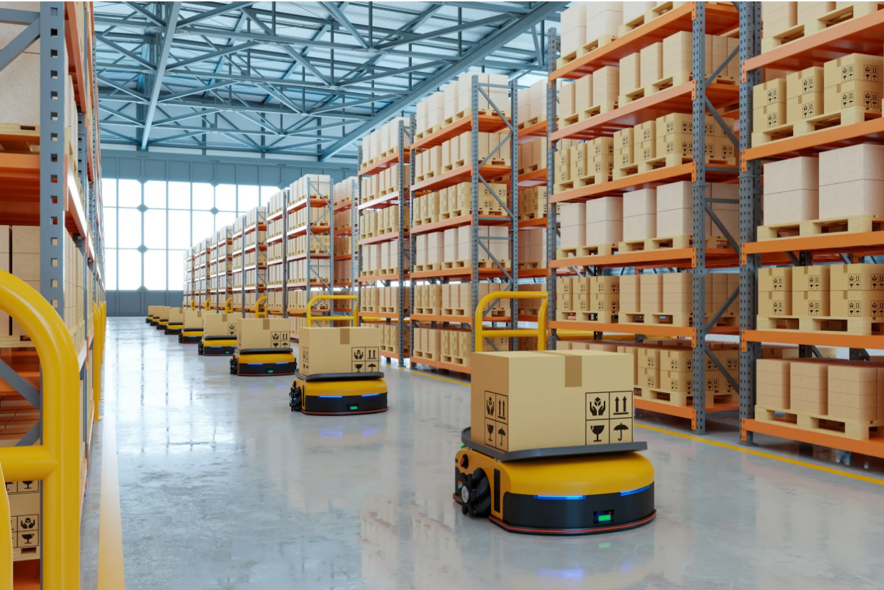 agv with battery working in warehouse